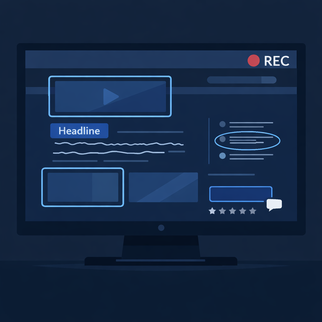 Website Review Illustration with Record Button and Annotations